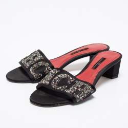 Pre Owned CH Carolina Herrera Black Satin And Glitter Slide Sandals Size 38