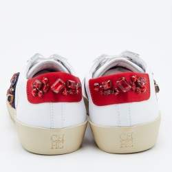Pre Owned Carolina Herrera White Leather Crystal Embellished Low Top Sneakers Size 39