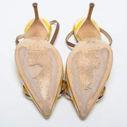 Pre Owned CH Carolina Herrera White/Yellow Leather And Canvas Logo Slingback Pumps Size 38