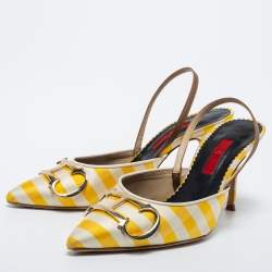 Pre Owned CH Carolina Herrera White/Yellow Leather And Canvas Logo Slingback Pumps Size 38
