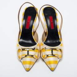 Pre Owned CH Carolina Herrera White/Yellow Leather And Canvas Logo Slingback Pumps Size 38