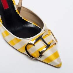 Pre Owned CH Carolina Herrera White/Yellow Leather And Canvas Logo Slingback Pumps Size 38