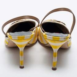 Pre Owned CH Carolina Herrera White/Yellow Leather And Canvas Logo Slingback Pumps Size 38