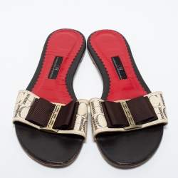 Carolina White/Brown Canvas Herrera Flat Slides Size 37