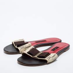 Carolina White/Brown Canvas Herrera Flat Slides Size 37