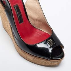 مملوكة مسبقًا  CH Carolina Herrera Black Patent Leather Wedge Sandals Size 37