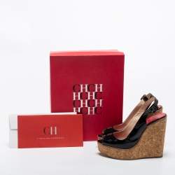 مملوكة مسبقًا  CH Carolina Herrera Black Patent Leather Wedge Sandals Size 37