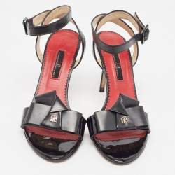 Carolina Herrera Black/Red Patent and Leather Bow Ankle Strap Sandals Size 39