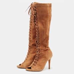 Carolina Herrera Tan Suede Lace Up Peep Toe Mid Calf Boots Size 38