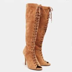 Carolina Herrera Tan Suede Lace Up Peep Toe Mid Calf Boots Size 38