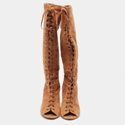 Carolina Herrera Tan Suede Lace Up Peep Toe Mid Calf Boots Size 38