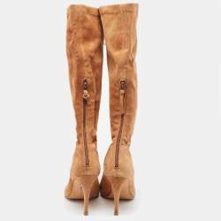 Carolina Herrera Tan Suede Lace Up Peep Toe Mid Calf Boots Size 38
