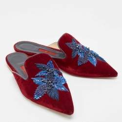 Carolina Herrera Burgundy/Blue Velvet Crystals Embellished Flat Mules Size 38