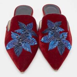 Carolina Herrera Burgundy/Blue Velvet Crystals Embellished Flat Mules Size 38