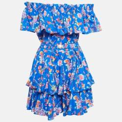 Caroline Constas Blue Printed Cotton Blend Ruffled Mini Dress M