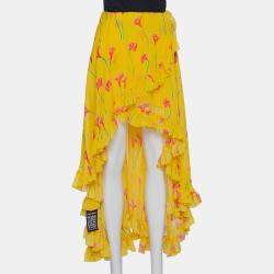 Caroline Constas Yellow Printed Silk Ruffled Asymmetric Hem Adelle Midi Skirt M