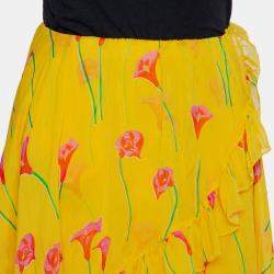 Caroline Constas Yellow Printed Silk Ruffled Asymmetric Hem Adelle Midi Skirt M