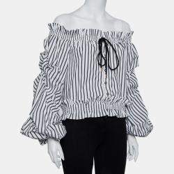 Caroline Constas White Striped Cotton Off Shoulder Ruffled Crop Top XS