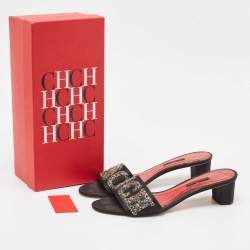 CH Carolina Herrera Black Satin and Glitter Slide Sandals Size 41
