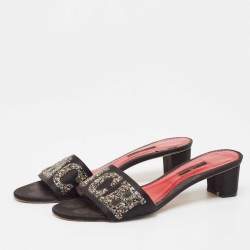 CH Carolina Herrera Black Satin and Glitter Slide Sandals Size 41