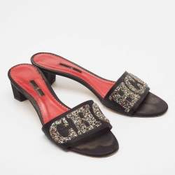 CH Carolina Herrera Black Satin and Glitter Slide Sandals Size 41