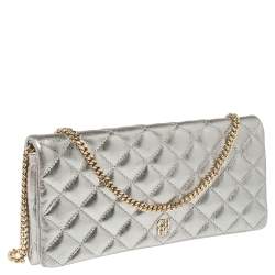 Pre Owned Carolina Herrera Metallic Silver Quilted Leather Chain Clutch