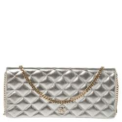 Pre Owned Carolina Herrera Metallic Silver Quilted Leather Chain Clutch