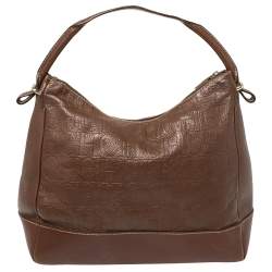 Pre Owned Carolina Herrera Brown Monogram Embossed Leather Hobo