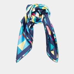 مملوكة مسبقًا وشاح كارتييه حرير متعدد الألوان مربع طباعة هندسية