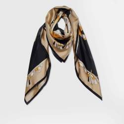 Pre Owned Cartier Beige & Black Printed Silk Square Scarf 