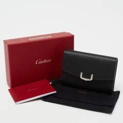 Pre Owned Cartier Black Leather C De Cartier Compact Wallet