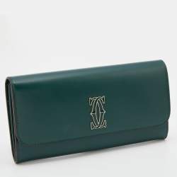 Pre Owned Cartier Green Leather Double C de Cartier Flap International Continental Wallet
