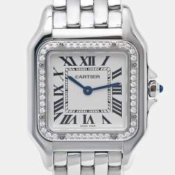 Pre Owned Cartier Silver Stainless Steel Diamond Panthere De Cartier W4PN0008 Women's Wristwatch 29 mm