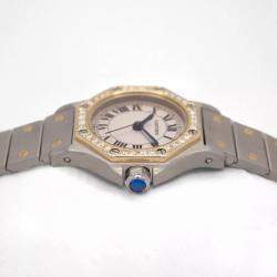 Pre Owned Cartier Customised Silver 0.50CT Diamond 18K Yellow Gold Santos Octagon 187903 Quartz Women's Wristwatch 25mm