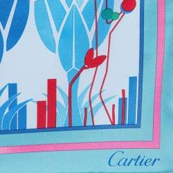 Pre Owned Cartier Blue Panther Garden Print Silk Square Scarf