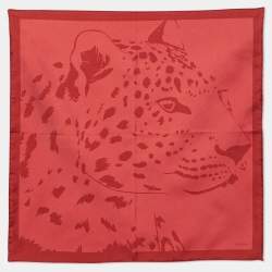 Pre Owned Cartier Red Panther Motif Print Silk Square Scarf