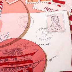 Pre Owned Cartier Red Travel & Stamps Printed Square Silk Scarf