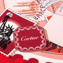 Pre Owned Cartier Red Travel & Stamps Printed Square Silk Scarf