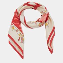 Pre Owned Cartier Red & Beige Jewel Printed Silk Square Scarf