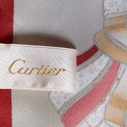 Pre Owned Cartier Red & Beige Jewel Printed Silk Square Scarf