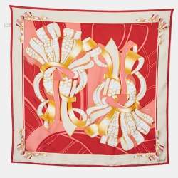 Pre Owned Cartier Red & Beige Jewel Printed Silk Square Scarf