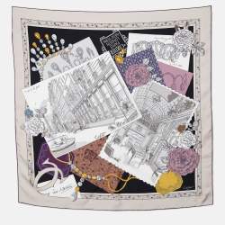 Pre Owned Cartier Beige Paris Postcard Printed Silk Square Scarf