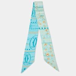 Pre Owned Cartier Blue/Green Printed Silk Bandeau Scarf