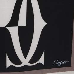 Pre Owned Cartier Black/Grey Logo Print Silk Satin Sqaure Scarf