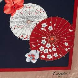 Cartier Navy Blue Floral Printed Silk Square Scarf