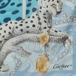 Pre Owned Cartier Blue Diamonds & Leopard Print Silk Scarf