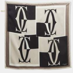 Pre Owned Cartier Black/Grey Logo Print Silk Satin Sqaure Scarf