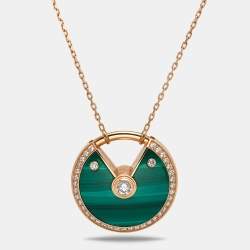 Pre Owned Cartier Amulette De Cartier Diamonds Malachite 18k Rose Gold Long Necklace