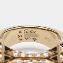 Pre Owned Cartier Geometry and Contrast Multicolor Gemstones Black Lacquer 18k Rose Gold Cocktail Ring Size 53