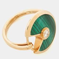 Pre Owned Cartier Amulette De Cartier Malachite Diamond 18k Rose Gold Ring Size 51